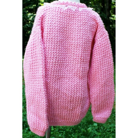 Crochet Cable Knit Pink Sweater Cardigan Roses Sheer Ruffle Girls Sz XL - Picture 4 of 8